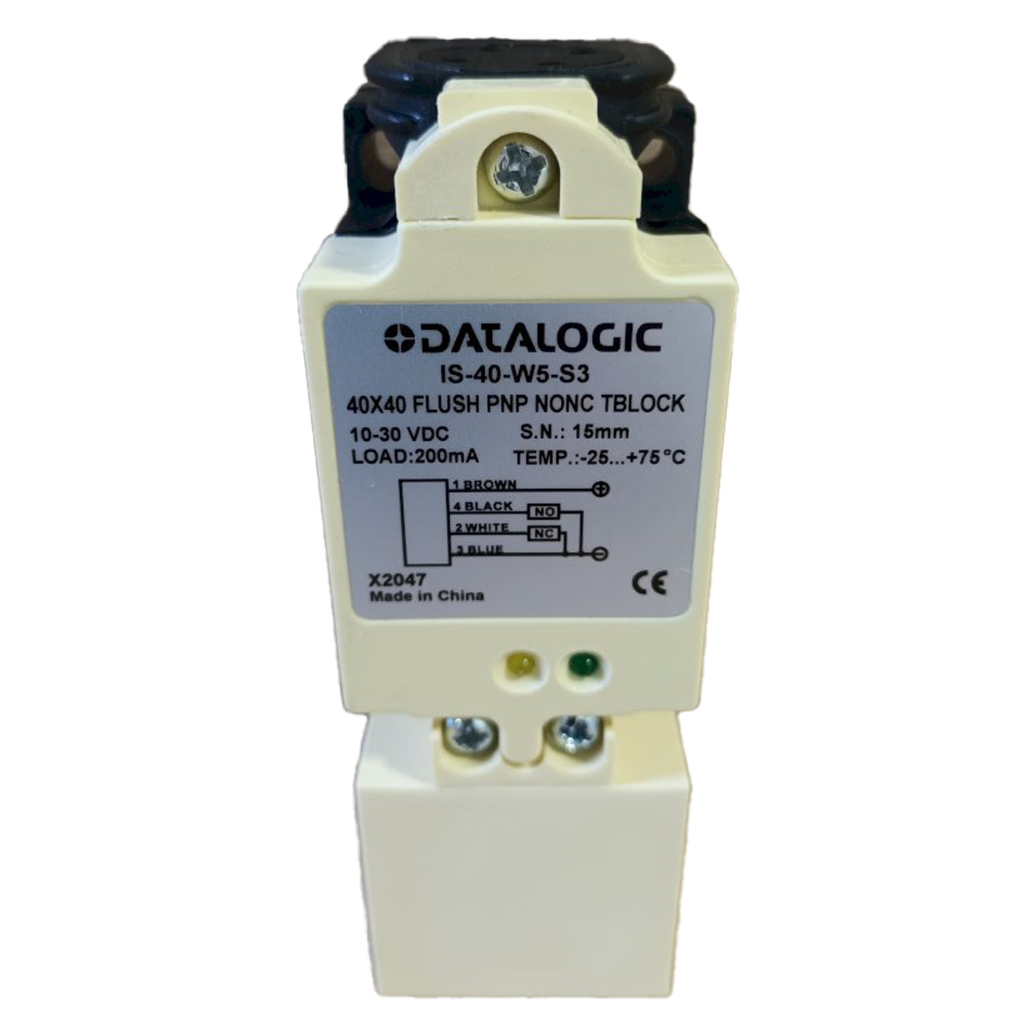 Sensor Inductivo 40x40 4 Hilos 12-24VCC 1NA + 1NC Rasante 15mm Plástico Datalogic