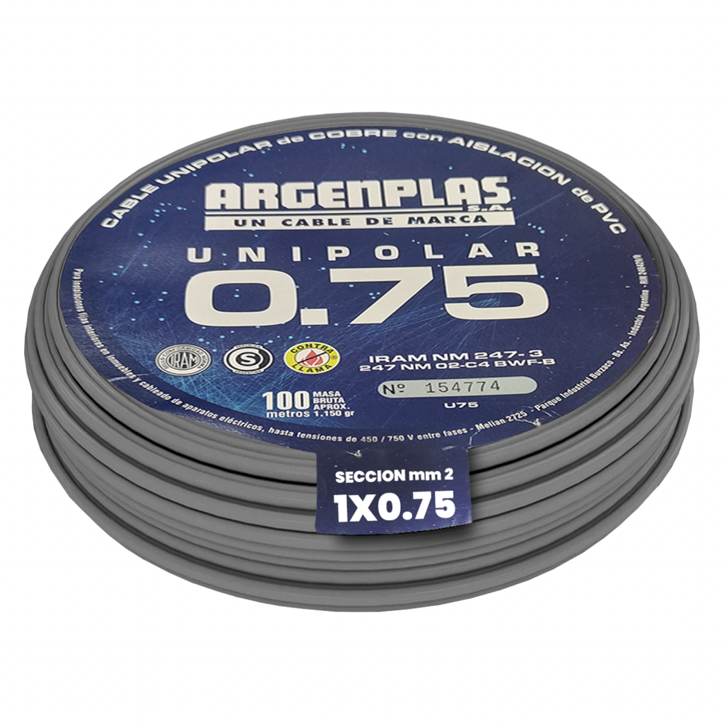 [1001] CABLE UNIPOLAR 0,75mm² PVC GRIS ARGENPLAS (x 100M) U075GRRO