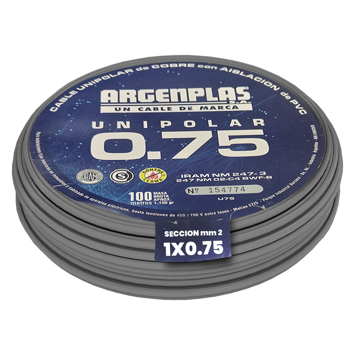 [1001] Cable Unipolar 0,75mm2 PVC Gris (x 100Mts) Argenplas