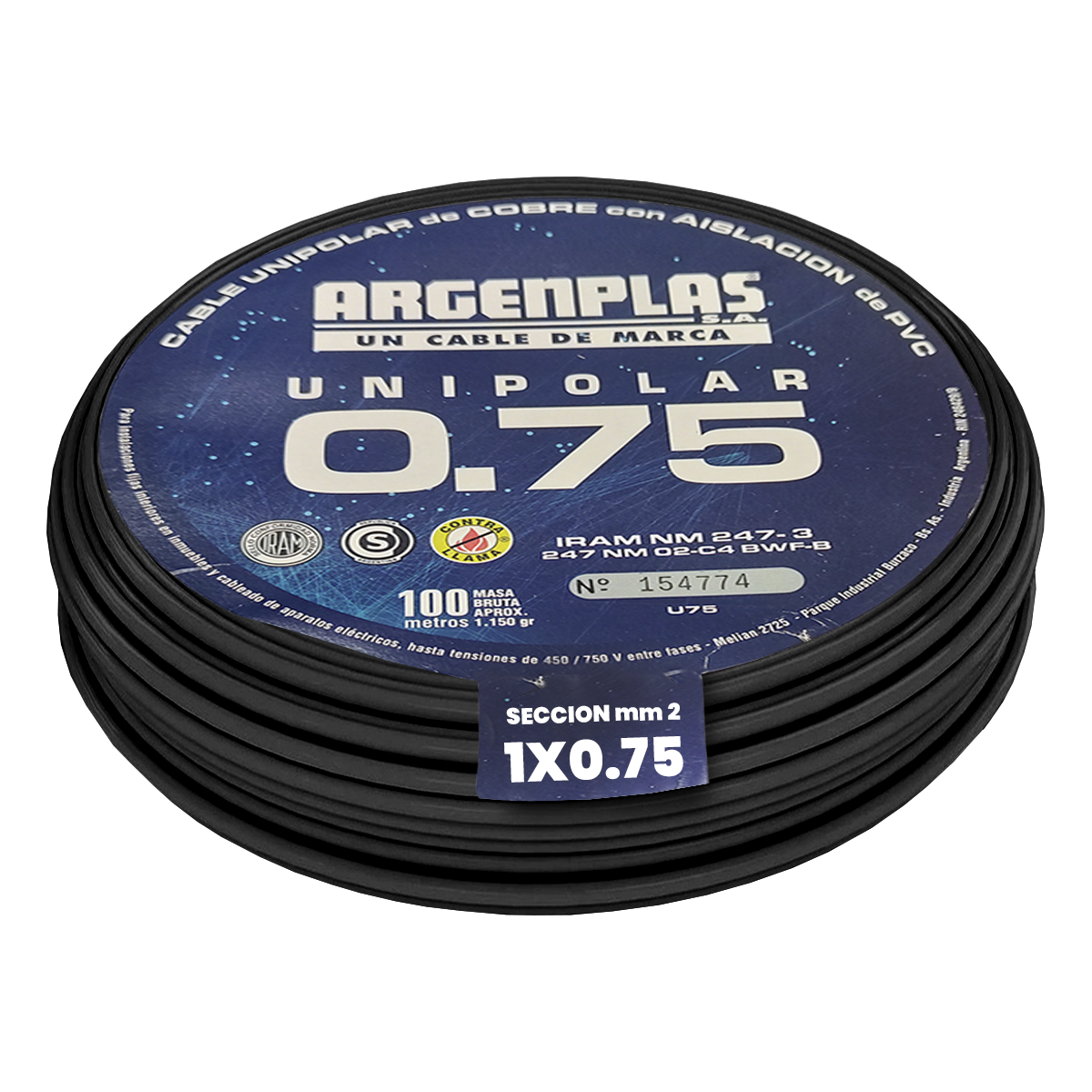 Cable Unipolar 0,75mm2 PVC Negro (x 100Mts) Argenplas
