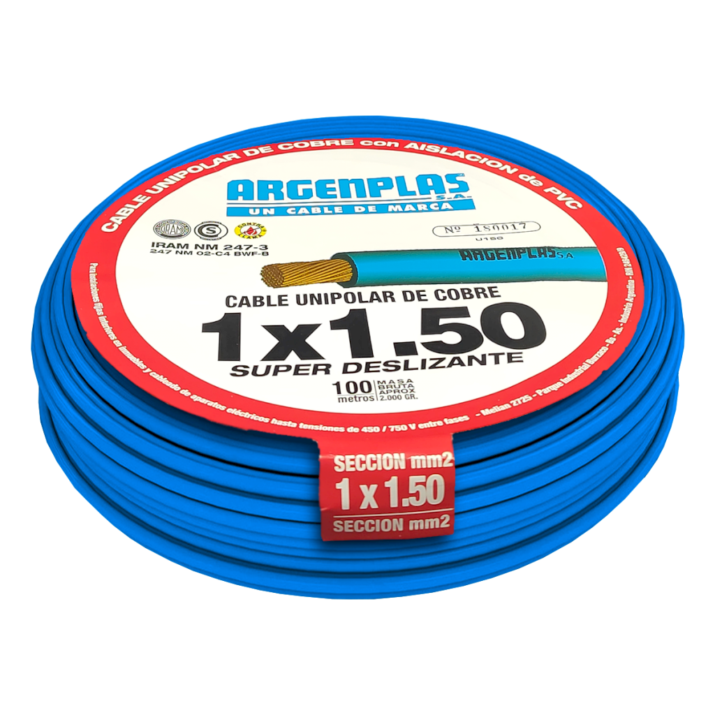 CABLE UNIPOLAR 1,50mm² PVC GRIS ARGENPLAS (x 100M) U150GRRO