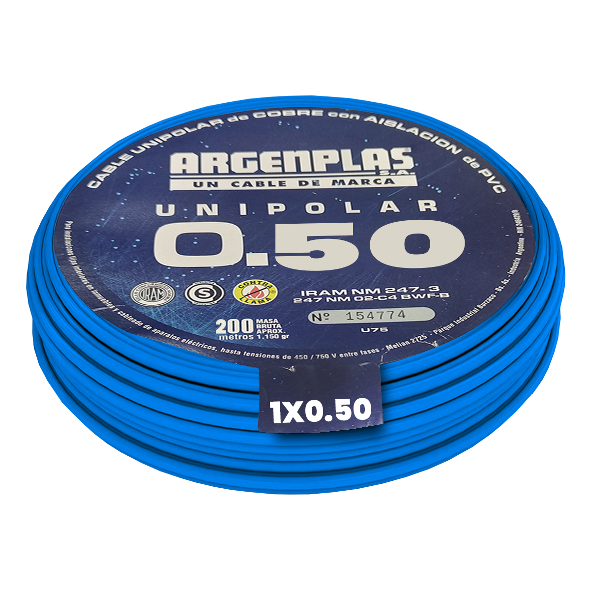 Cable Unipolar 0,50mm2 PVC Azul (x 200Mts) Argenplas