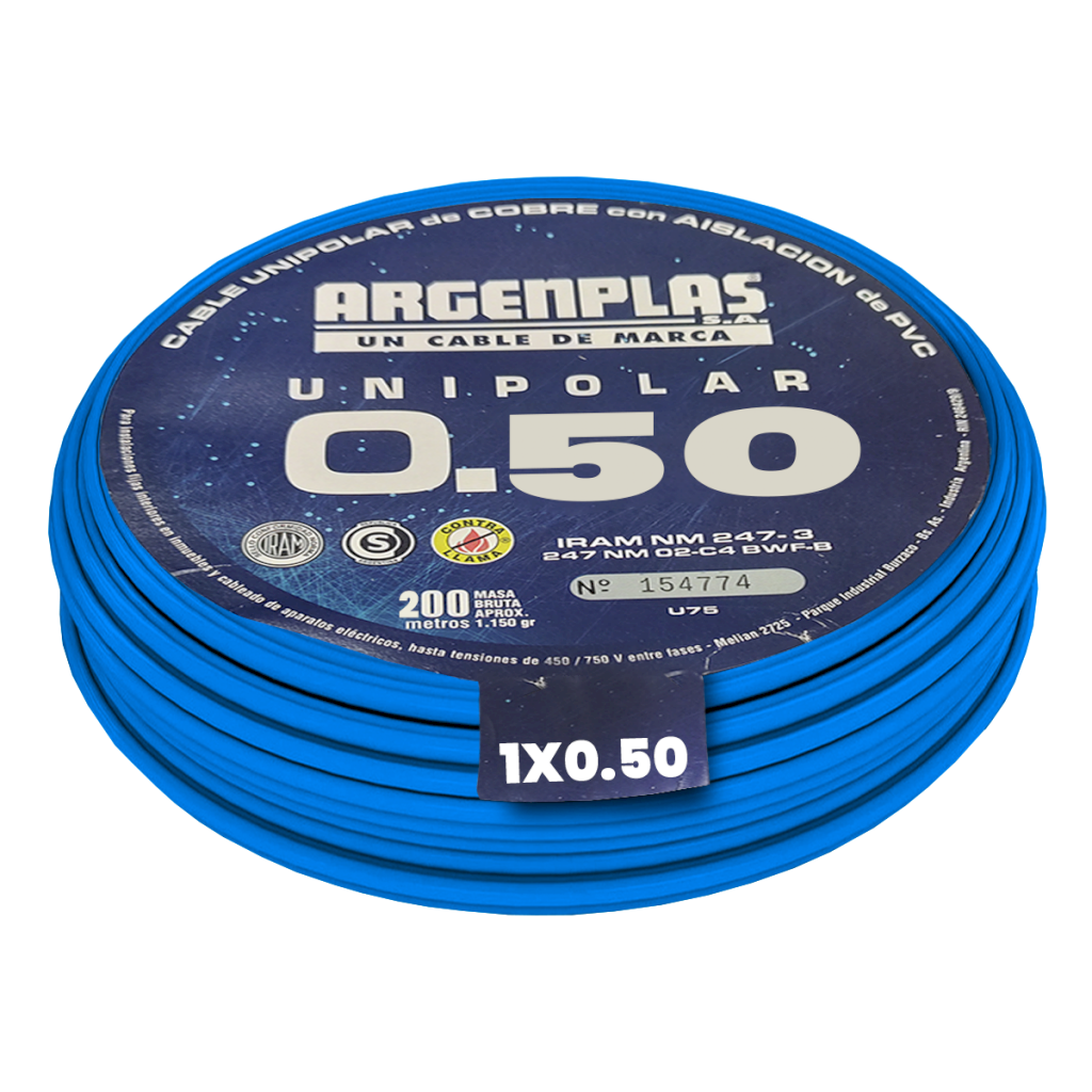 Cable Unipolar 0,50mm2 PVC Azul (x 200Mts) Argenplas