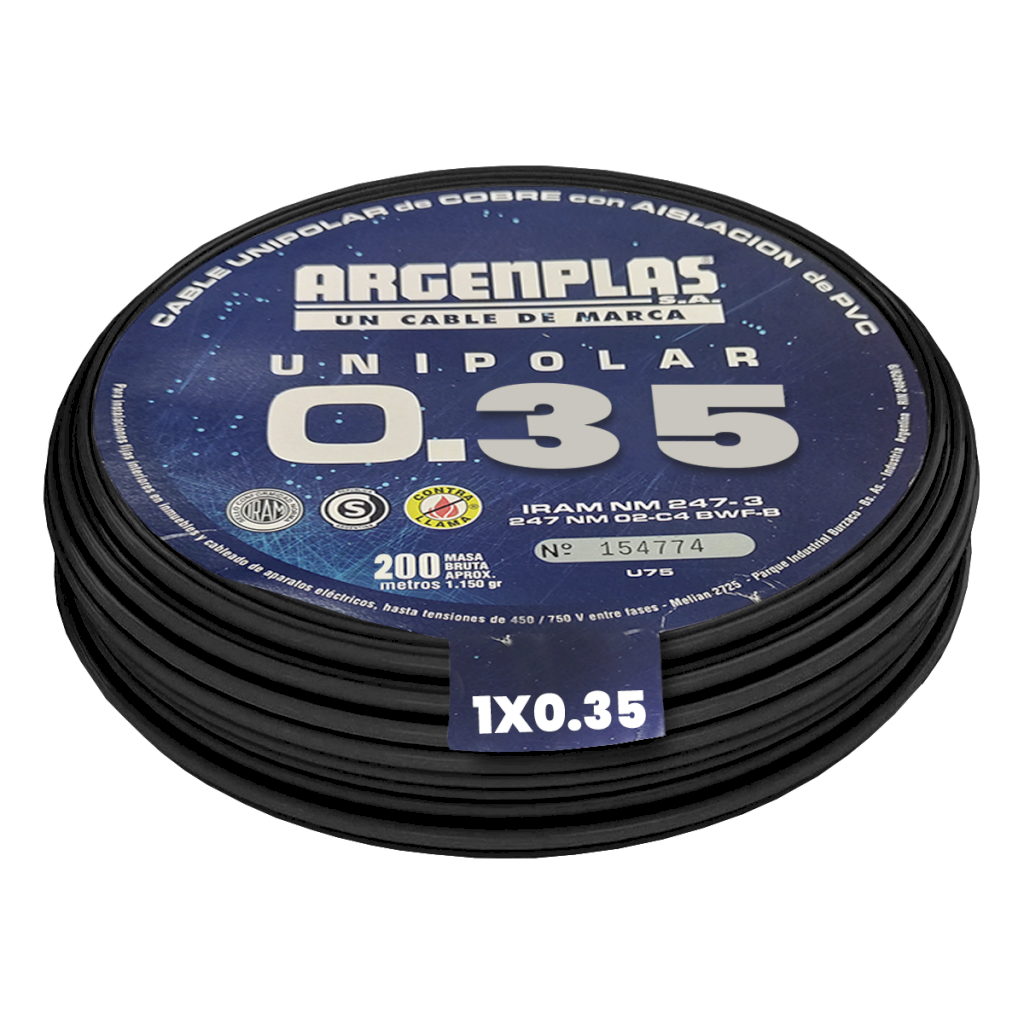 CABLE UNIPOLAR 0,35mm² PVC NEGRO ARGENPLAS (x 200M) U035 NEGRO