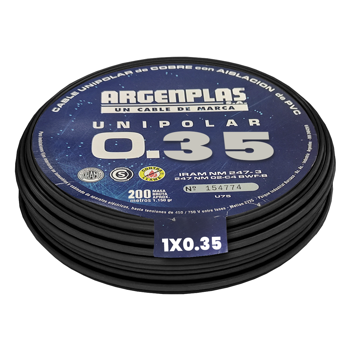 Cable Unipolar 0,35mm2 PVC Negro (x 200Mts) Argenplas