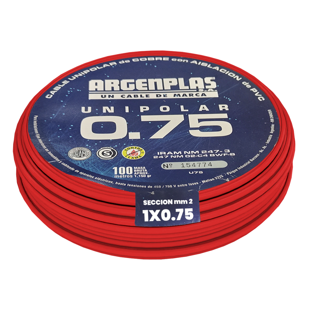 CABLE UNIPOLAR 0,75mm² PVC ROJO ARGENPLAS (x 100M) U075RORO