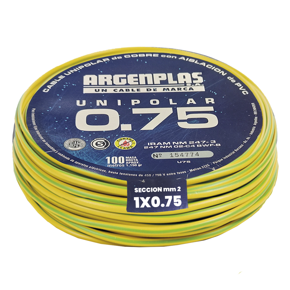 [14732] Cable Unipolar 0,75mm2 PVC Verde/Amarillo (x 100Mts) Argenplas