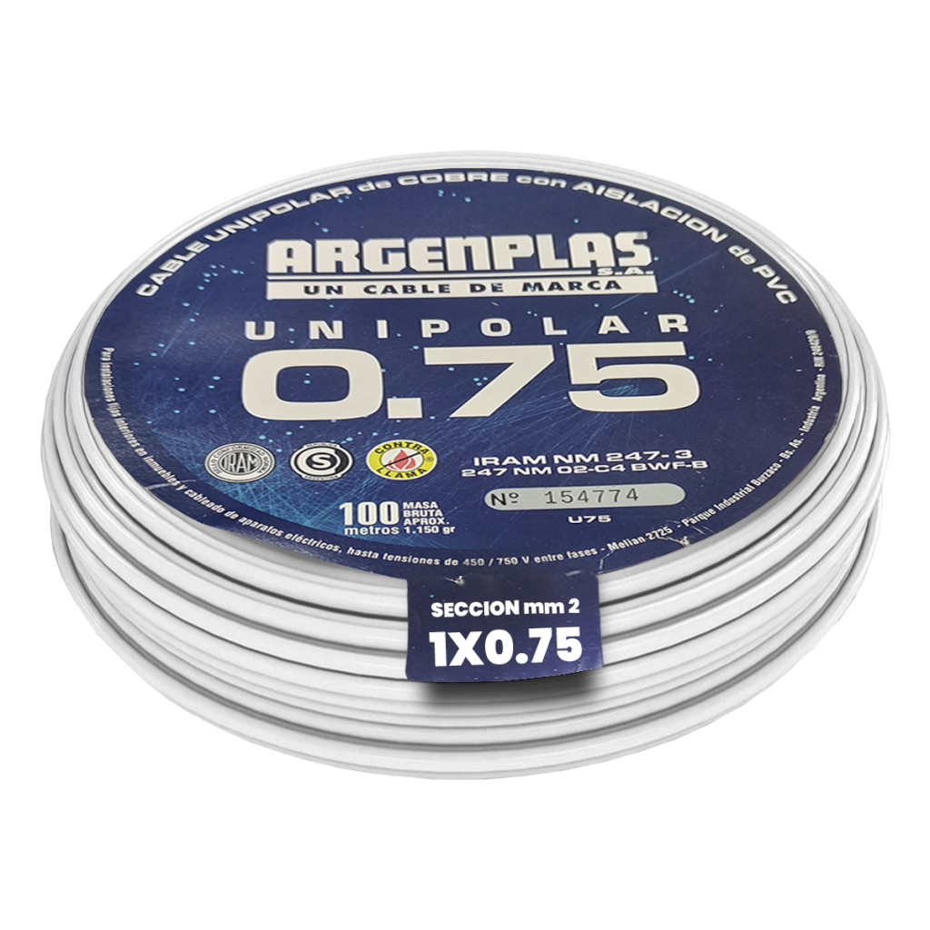CABLE UNIPOLAR 0,75mm² PVC BLANCO ARGENPLAS (x 100M) U075BLRO