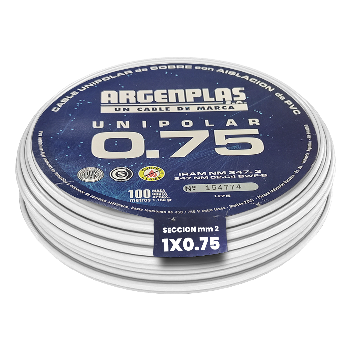 Cable Unipolar 0,75mm2 PVC Blanco (x 100Mts) Argenplas