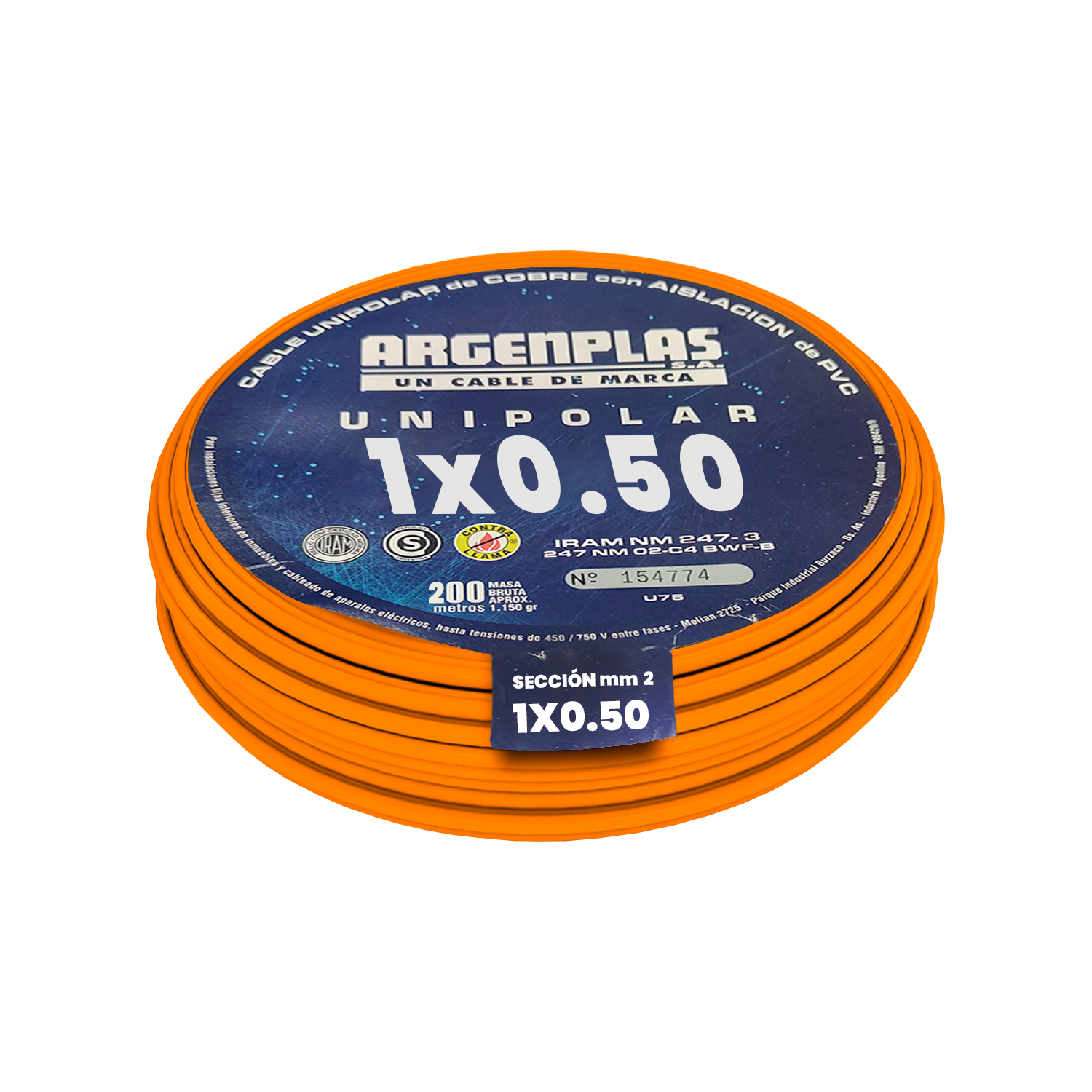 [16089] Cable Unipolar 0,50mm2 PVC Naranja (x 200Mts) Argenplas