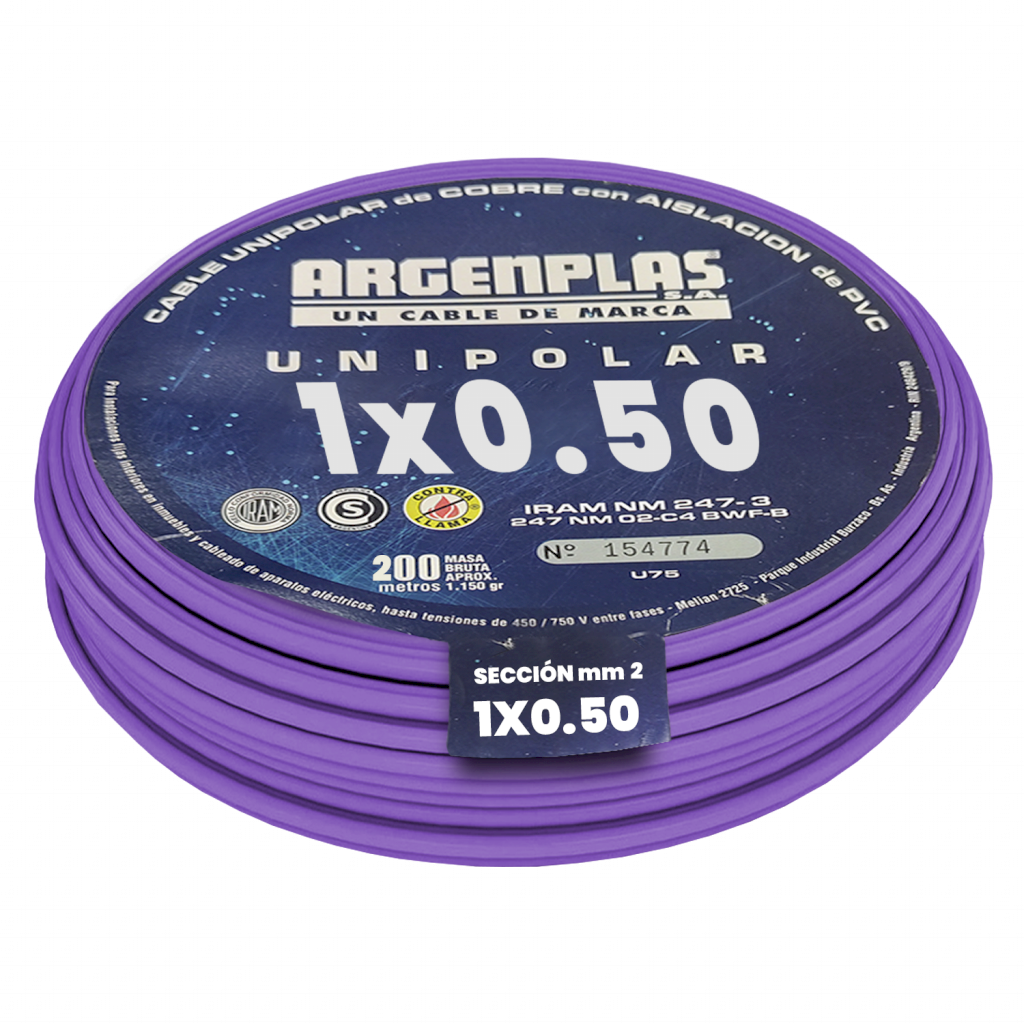 CABLE UNIPOLAR 0,50mm² PVC VIOLETA ARGENPLAS (x 200M) U050VIRO