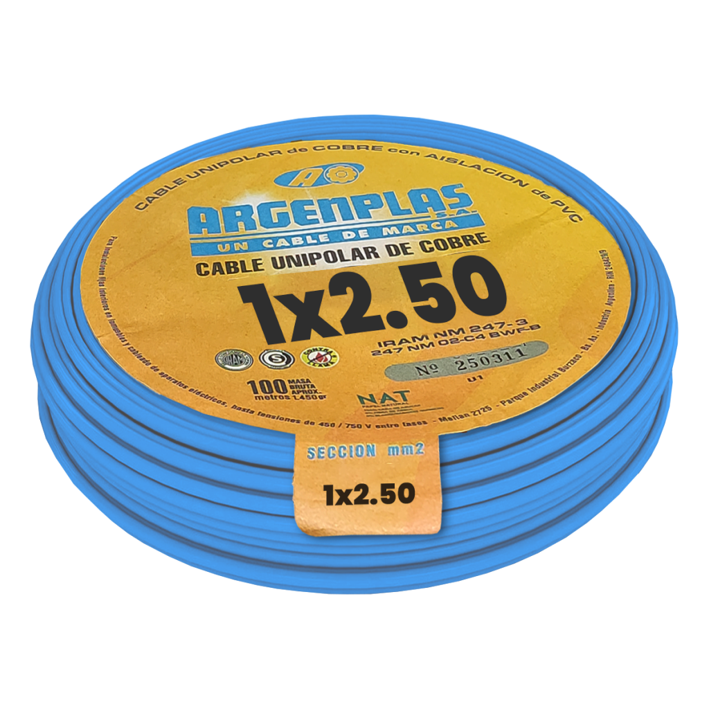 CABLE UNIPOLAR 2,50mm² PVC CELESTE ARGENPLAS (x 100M) U250 CELESTE