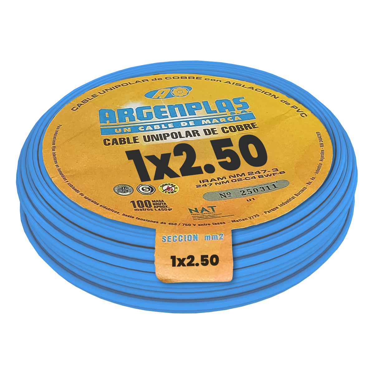Cable Unipolar 2,50mm2 PVC Celeste (x 100Mts) Argenplas