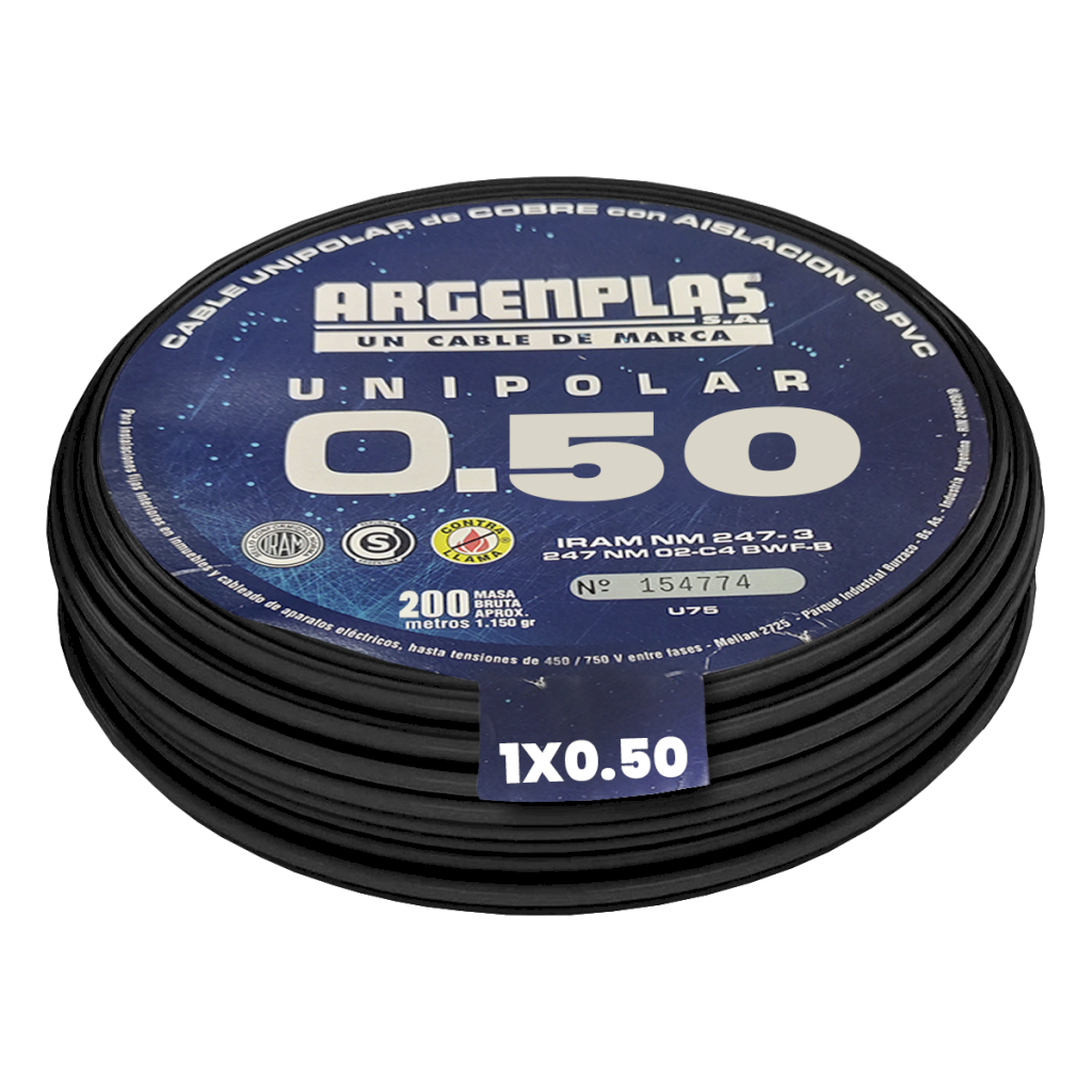 CABLE UNIPOLAR 0,50mm² PVC NEGRO ARGENPLAS (x 200M) U050NERO
