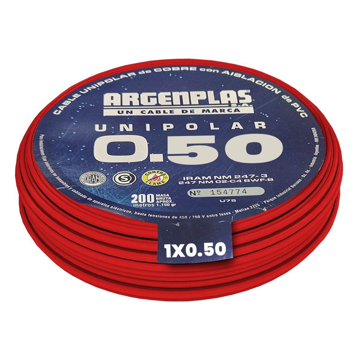Cable Unipolar 0,50mm2 PVC Rojo (x 200Mts) Argenplas