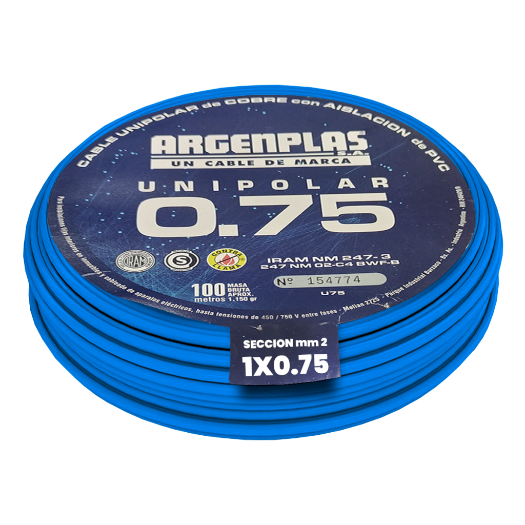 CABLE UNIPOLAR 0,75mm² PVC AZUL ARGENPLAS (x 100M) U075CERO
