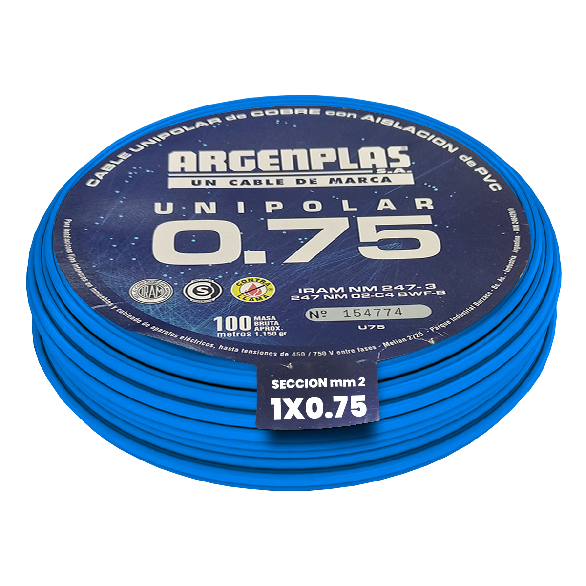 Cable Unipolar 0,75mm2 PVC Azul (x 100Mts) Argenplas