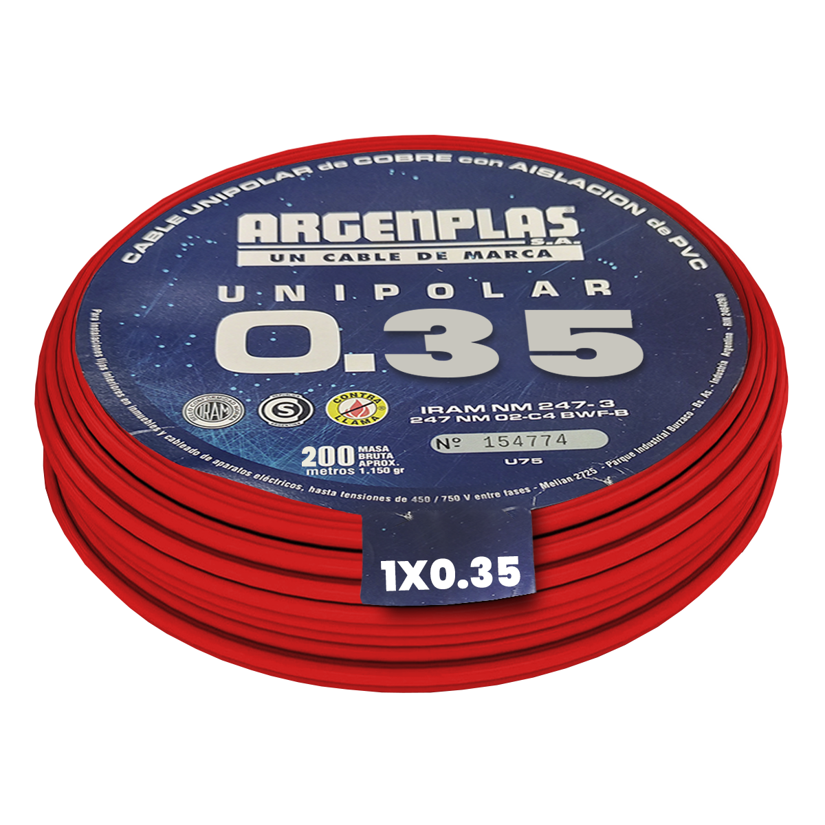 Cable Unipolar 0,35mm2 PVC Rojo (x 200Mts) Argenplas