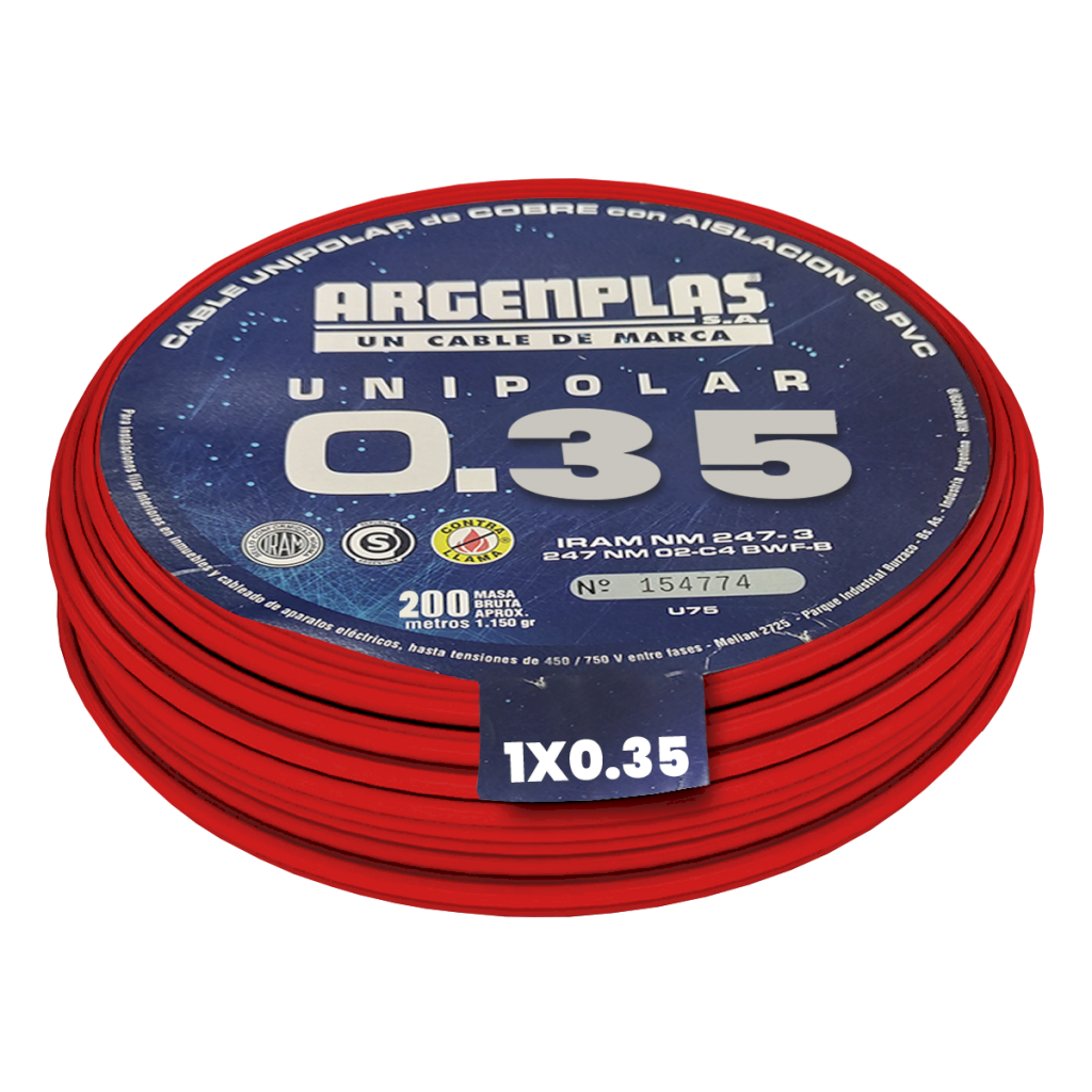 Cable Unipolar 0,35mm2 PVC Rojo (x 200Mts) Argenplas