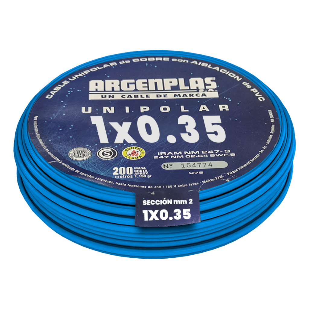 CABLE UNIPOLAR 0,35mm² PVC AZUL ARGENPLAS (x 200M) U035CERO