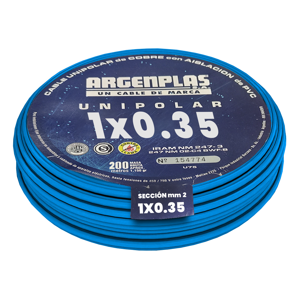 Cable Unipolar 0,35mm2 PVC Azul (x 200Mts) Argenplas