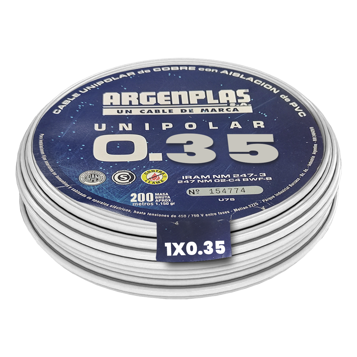 Cable Unipolar 0,35mm2 PVC Blanco (x 200Mts) Argenplas
