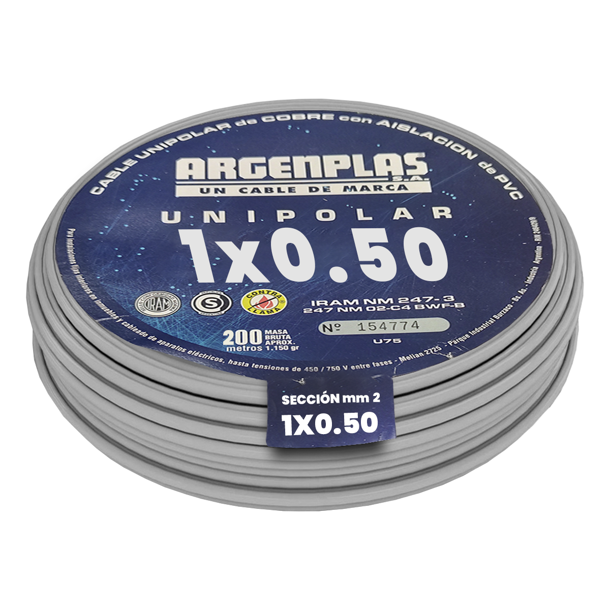 [19622] Cable Unipolar 0,50mm2 PVC Gris (x 200Mts) Argenplas