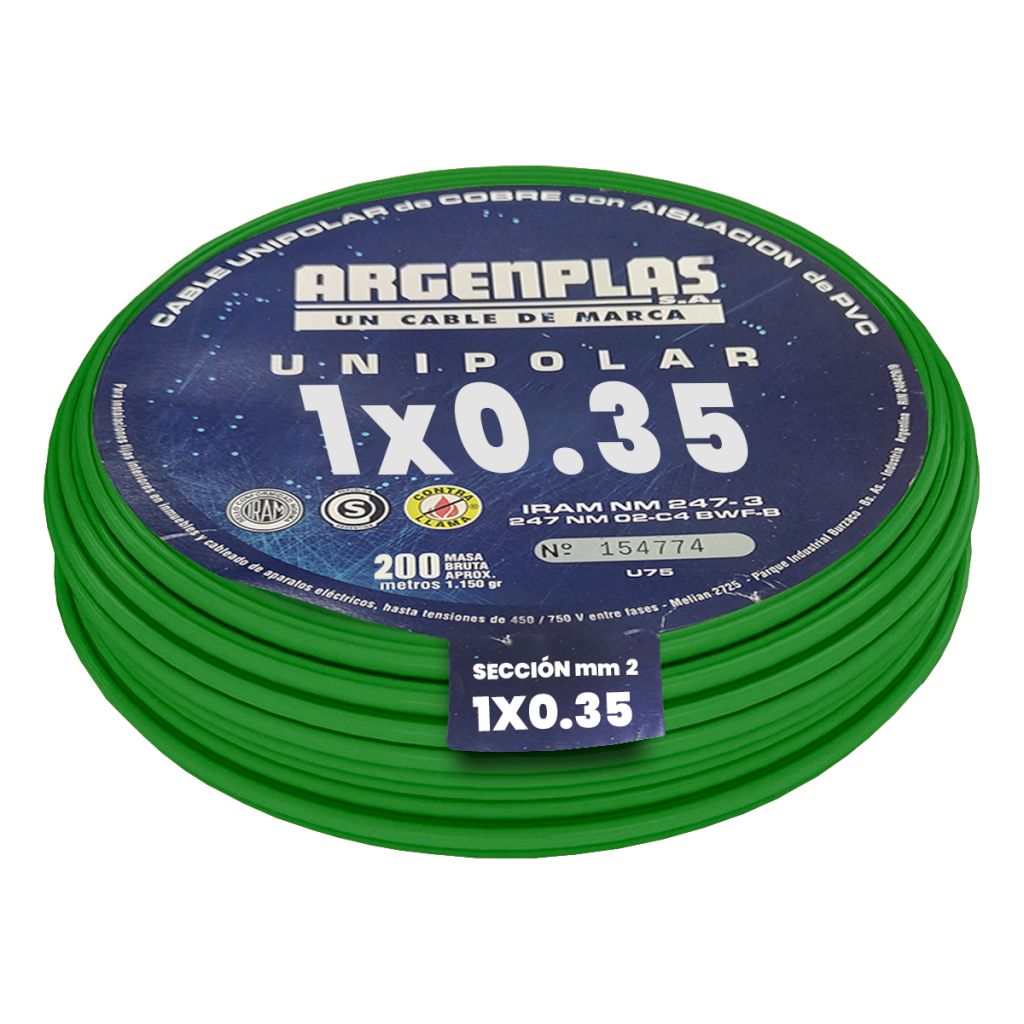 CABLE UNIPOLAR 0,35mm² PVC VERDE ARGENPLAS (x 200M) U035 VERDE