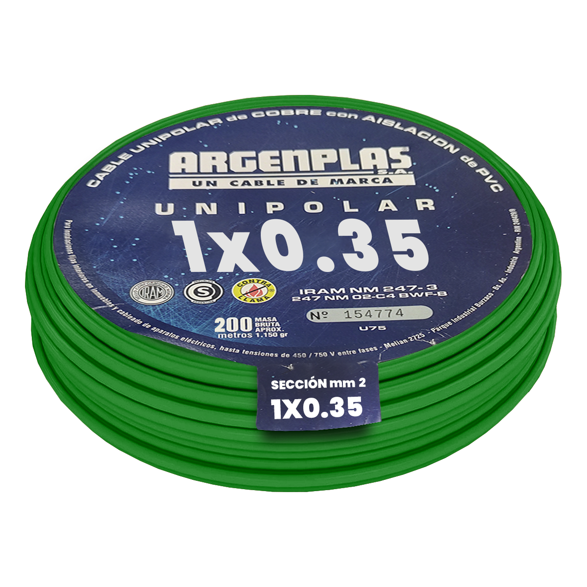 [20842] Cable Unipolar 0,35mm2 PVC Verde (x 200Mts) Argenplas
