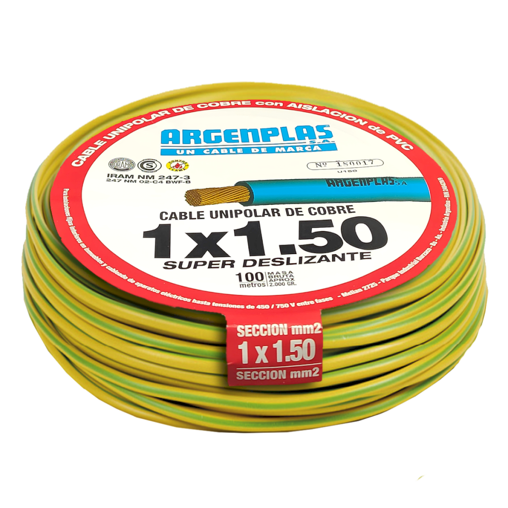 [22201] Cable Unipolar 1,50mm2 PVC Verde/Amarillo (x 100Mts) Argenplas