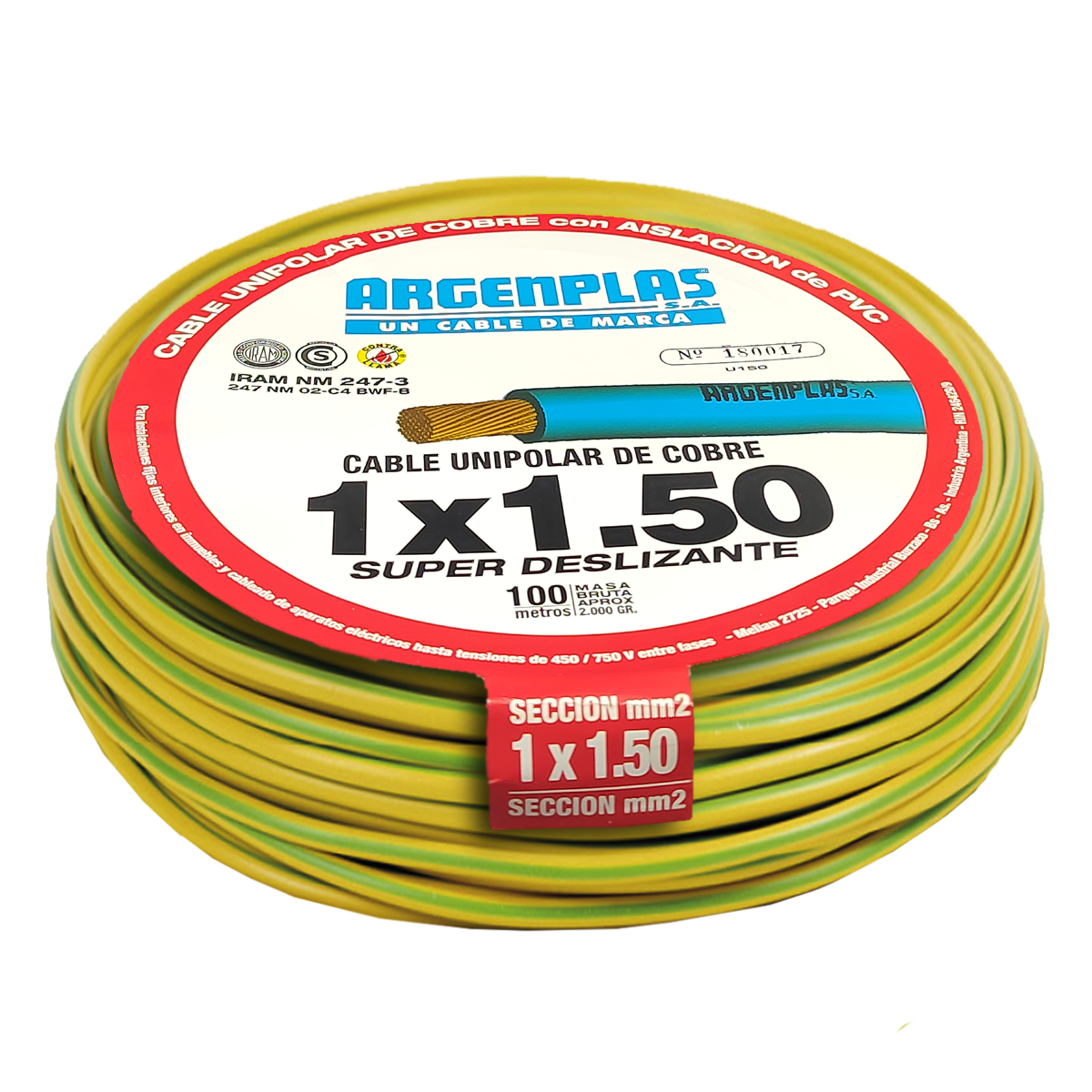 [22201] Cable Unipolar 1,50mm2 PVC Verde/Amarillo (x 100Mts) Argenplas