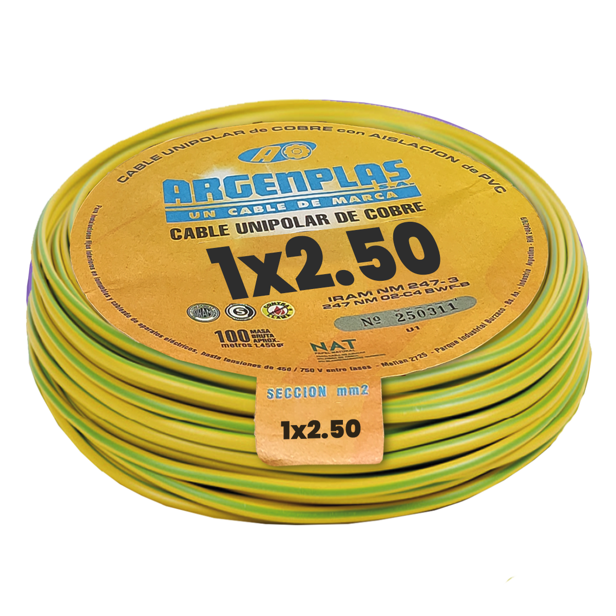 Cable Unipolar 2,50mm2 PVC Verde/Amarillo (x 100Mts) Argenplas