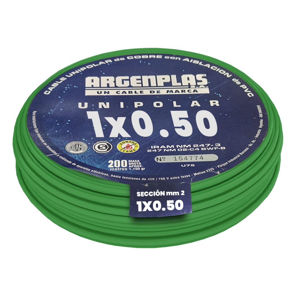 [24217] CABLE UNIPOLAR 0,50mm² PVC VERDE ARGENPLAS (x 200M) U050VERO