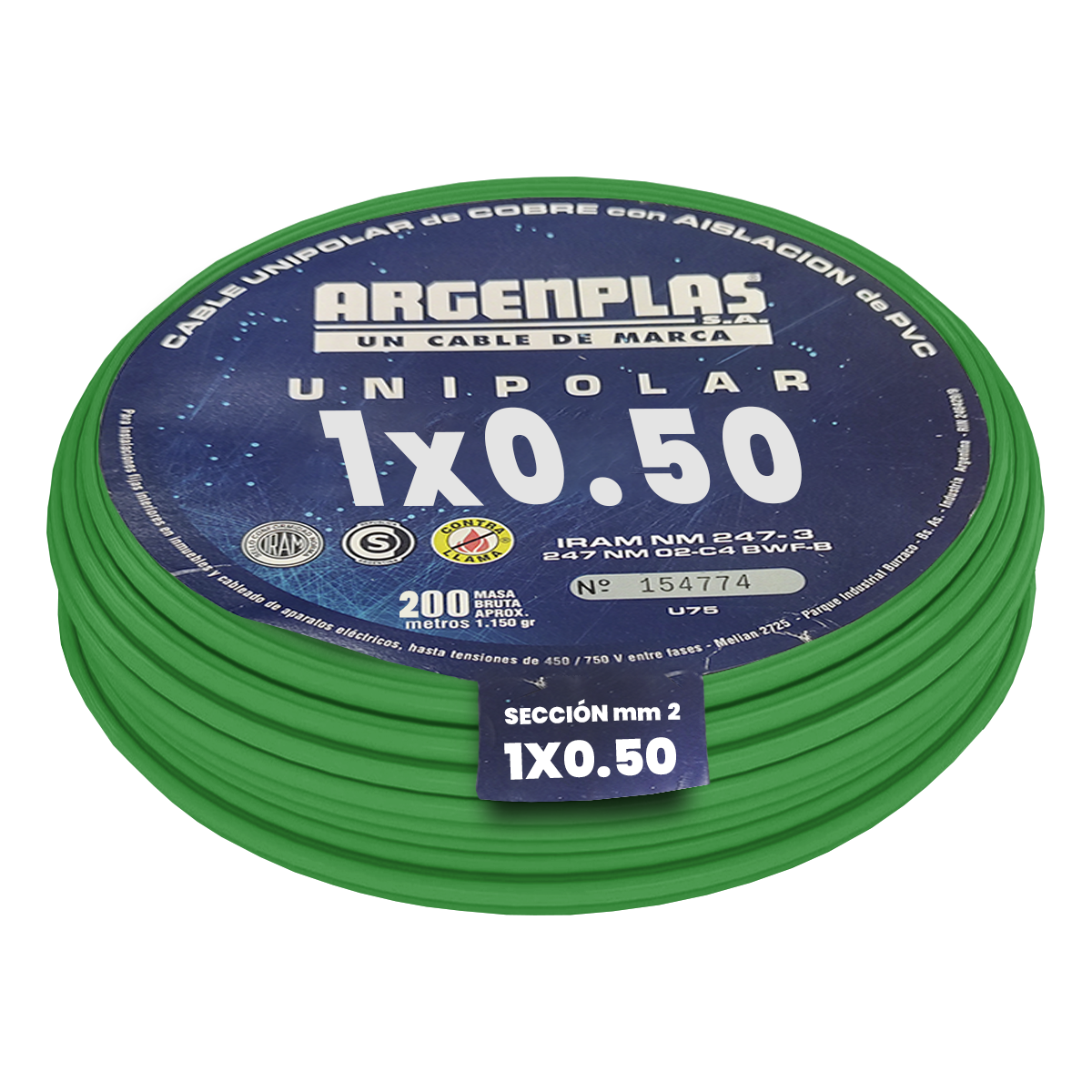 Cable Unipolar 0,50mm2 PVC Verde (x 200Mts) Argenplas
