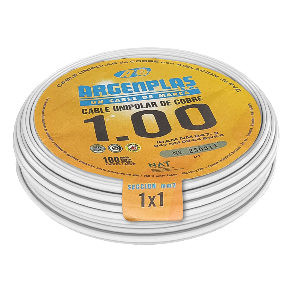 CABLE UNIPOLAR 1mm² PVC BLANCO ARGENPLAS (x 100M) U1 BLANCO