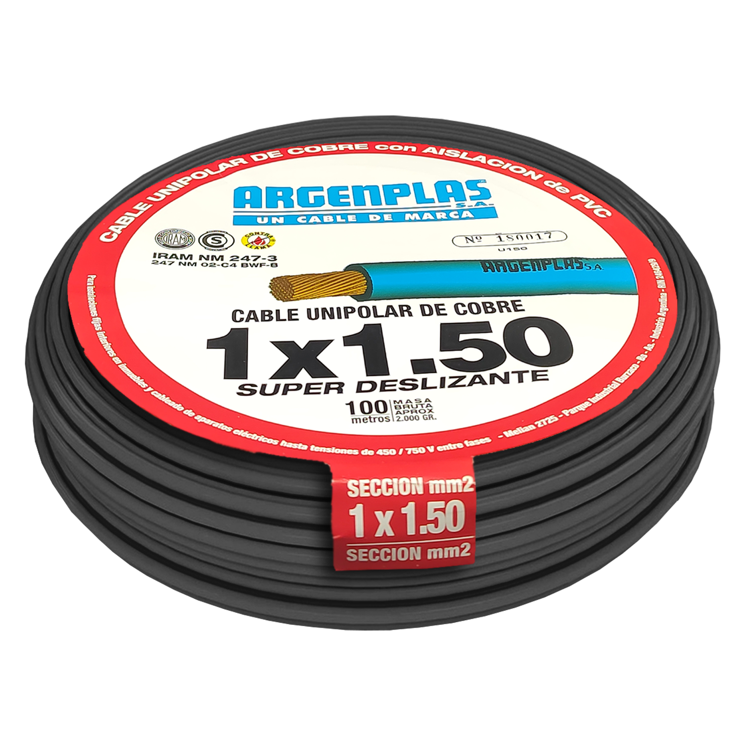 Cable Unipolar 1,50mm2 PVC Negro (x 100Mts) Argenplas