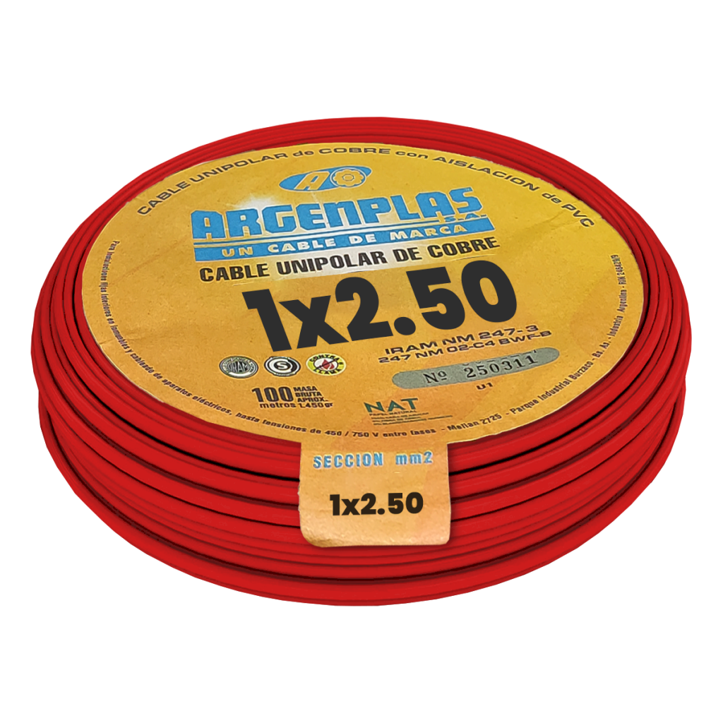 CABLE UNIPOLAR 2,50mm² PVC ROJO ARGENPLAS (x 100M) U250RORO