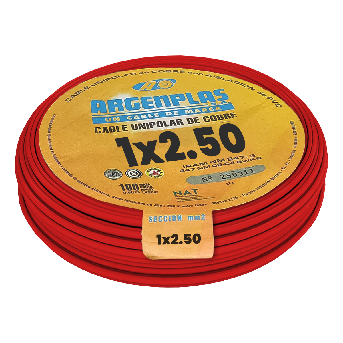 Cable Unipolar 2,50mm2 PVC Rojo (x 100Mts) Argenplas