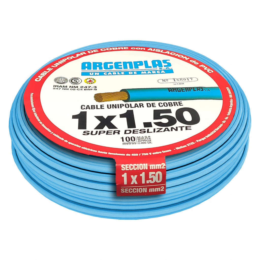 CABLE UNIPOLAR 1,50mm² PVC CELESTE ARGENPLAS (x 100M) U150CERO