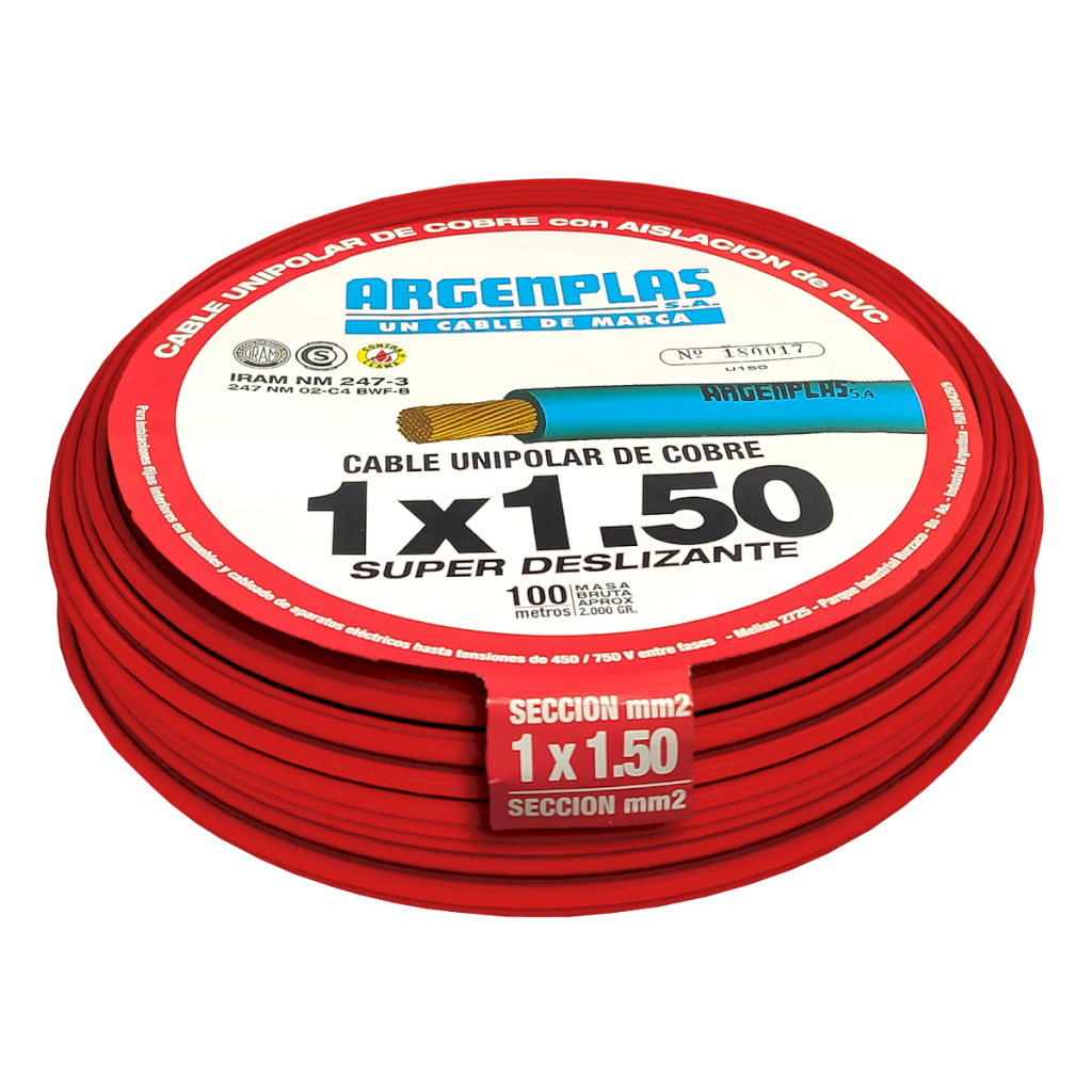 [27394] CABLE UNIPOLAR 1,50mm² PVC ROJO ARGENPLAS (x 100M) U150RORO