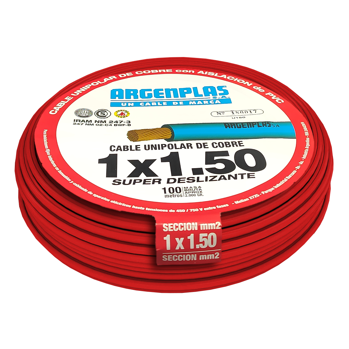 [27394] Cable Unipolar 1,50mm2 PVC Rojo (x 100Mts) Argenplas