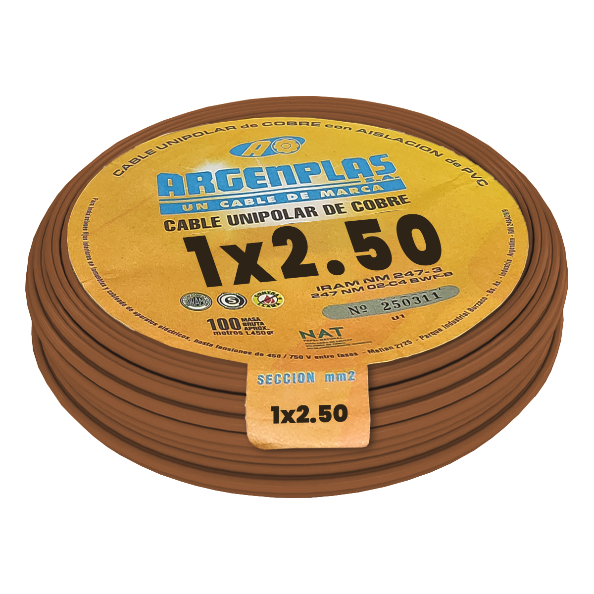Cable Unipolar 2,50mm2 PVC Marron (x 100Mts) Argenplas