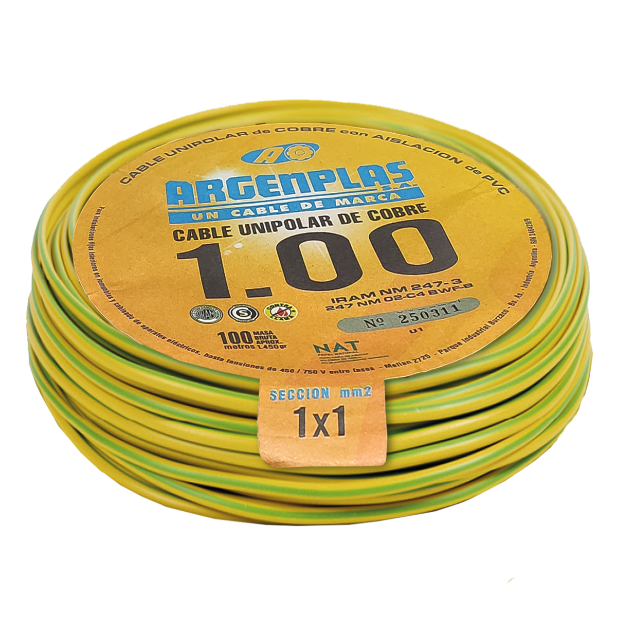 Cable Unipolar 1mm2 PVC Verde/Amarillo (x 100Mts) Argenplas