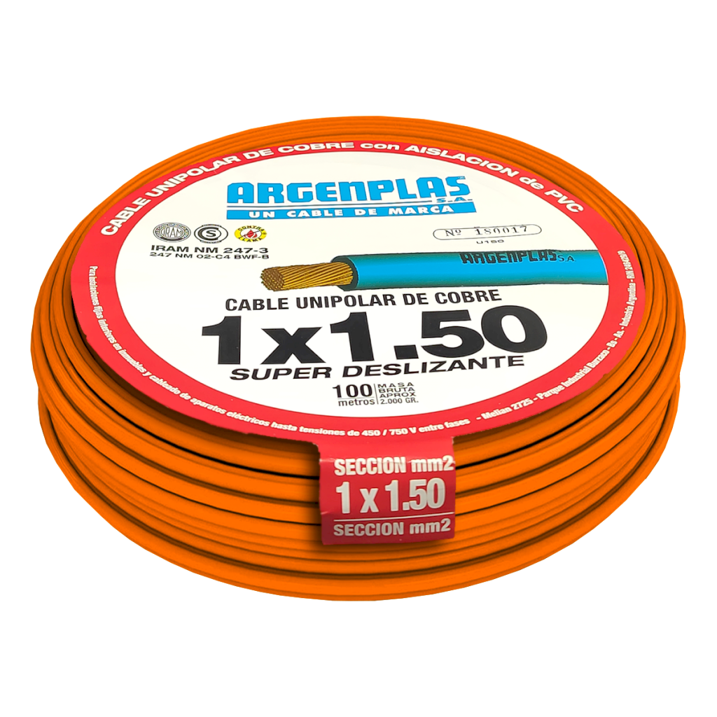 CABLE UNIPOLAR 1,50mm² PVC NARANJA ARGENPLAS (x 100M) U150NARO