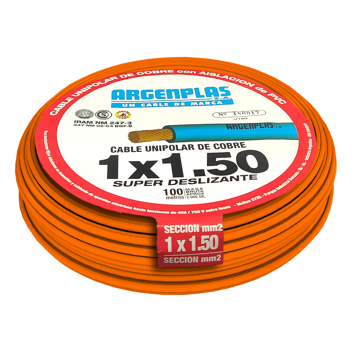Cable Unipolar 1,50mm2 PVC Naranja (x 100Mts) Argenplas