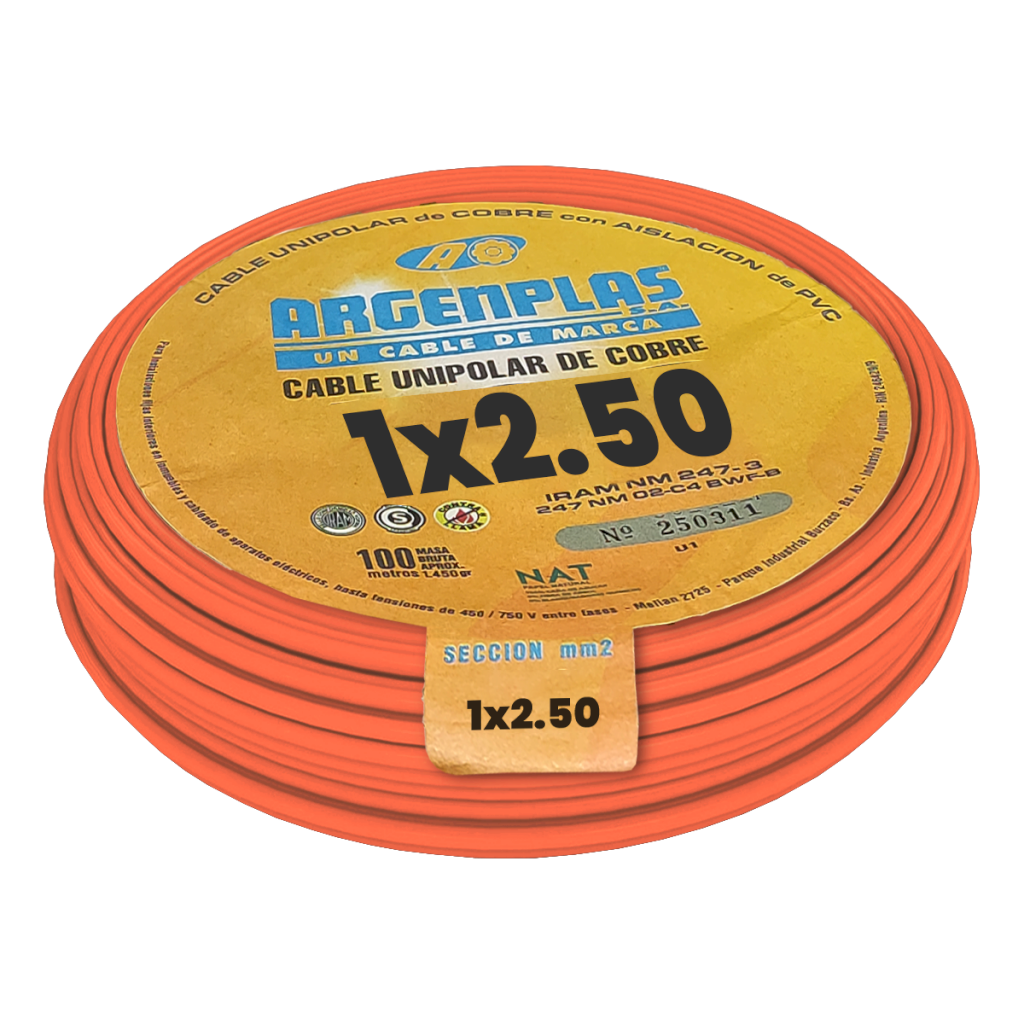 CABLE UNIPOLAR 2,50mm² PVC NARANJA ARGENPLAS (x 100M) U250NARO