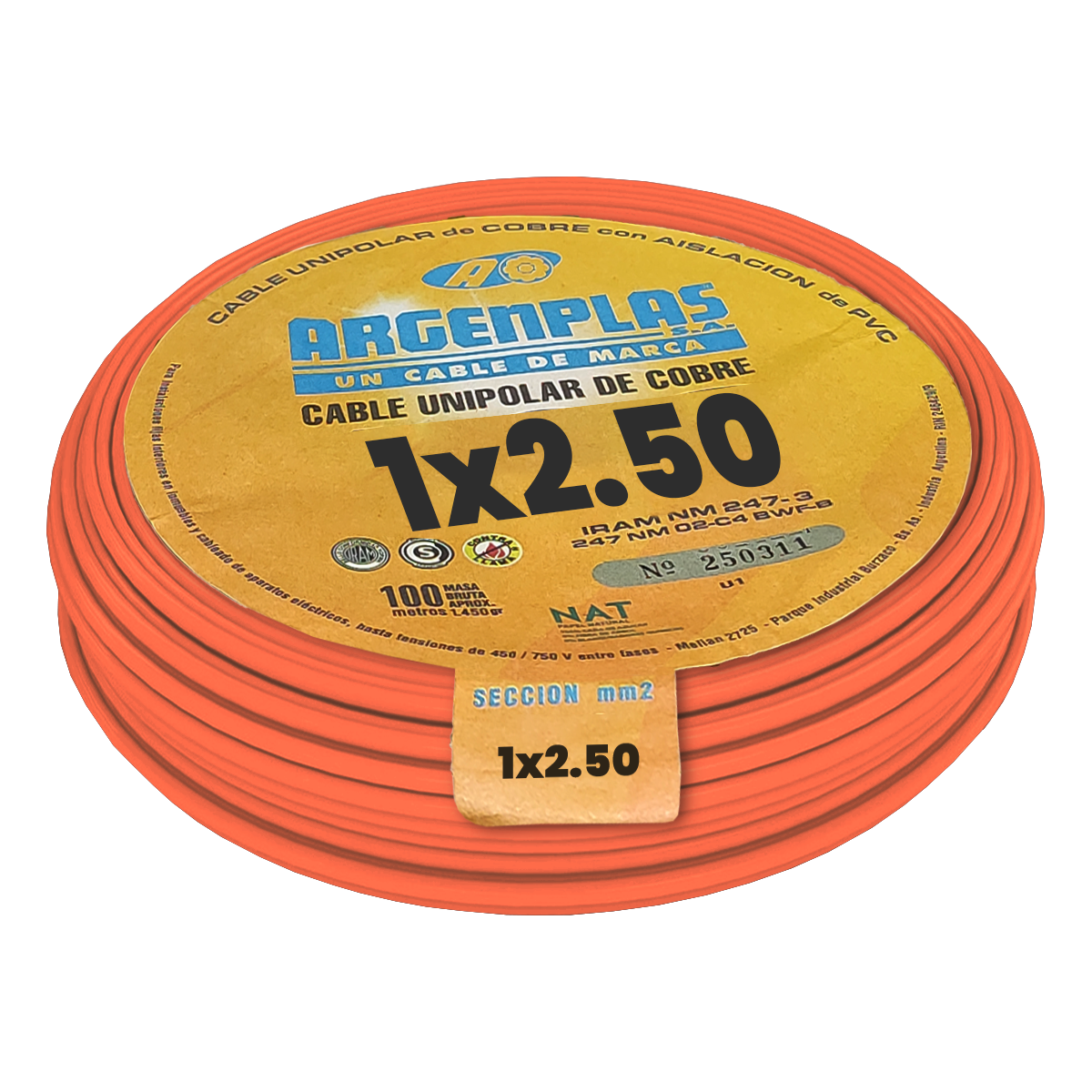 [29542] Cable Unipolar 2,50mm2 PVC Naranja (x 100Mts) Argenplas