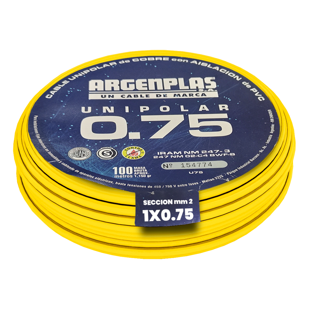 CABLE UNIPOLAR 0,75mm² PVC AMARILLO ARGENPLAS (x 100M) U075AMRO
