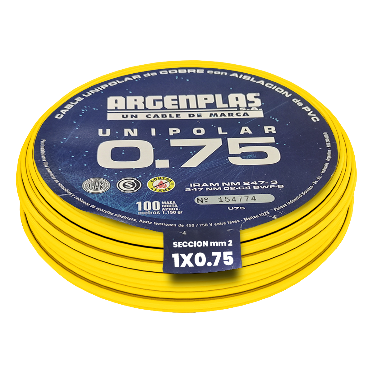 Cable Unipolar 0,75mm2 PVC Amarillo (x 100Mts) Argenplas