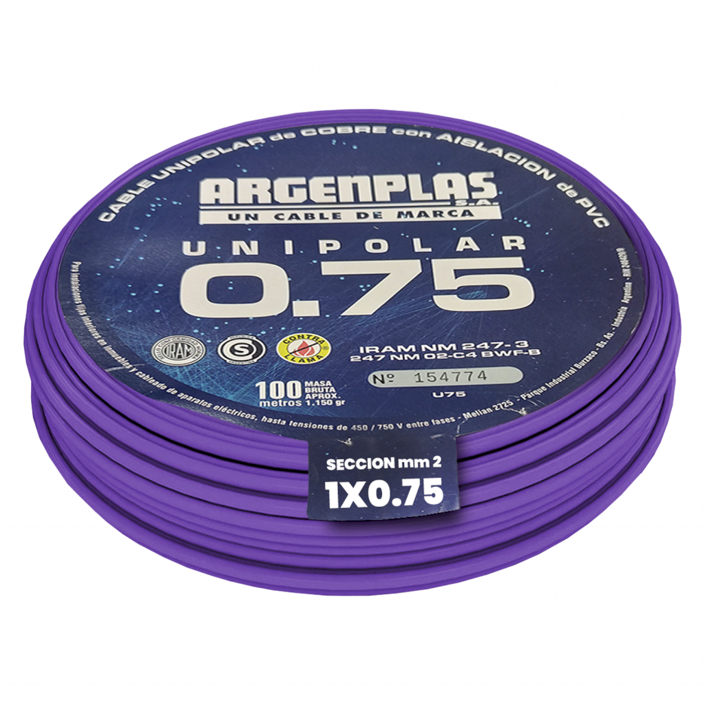 CABLE UNIPOLAR 0,75mm² PVC VIOLETA ARGENPLAS (x 100M) U075 VIOLETA